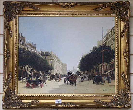 Glynn Williams (b. 1955), oil on board, Parisian street scene with figures in period dress and another, similar